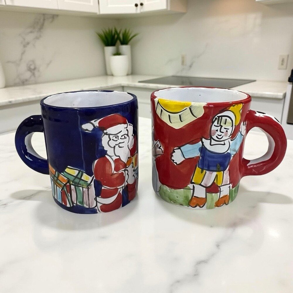 Set of 2 Vintage La Musa Pottery Italy Large Christmas Mugs 4-1/4" Tall